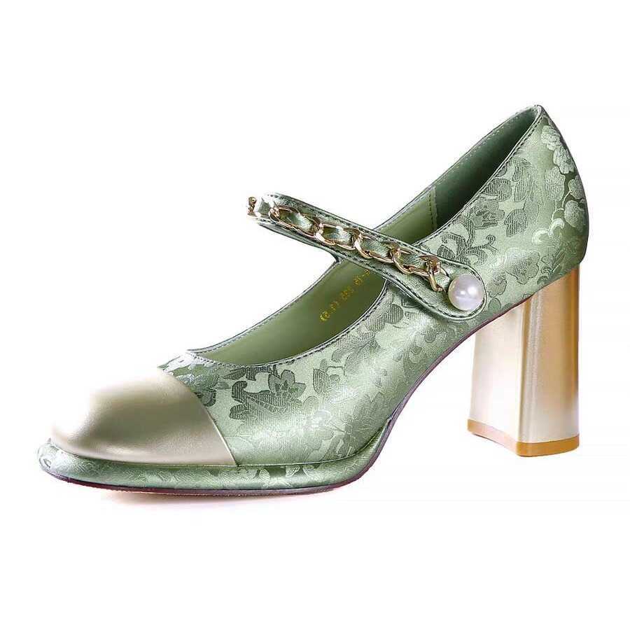 Shallow mouth coarse single order shoes for women the spring of new Chinese color blocked womens shoes one piece Mary Jane square toe high heeled shoe