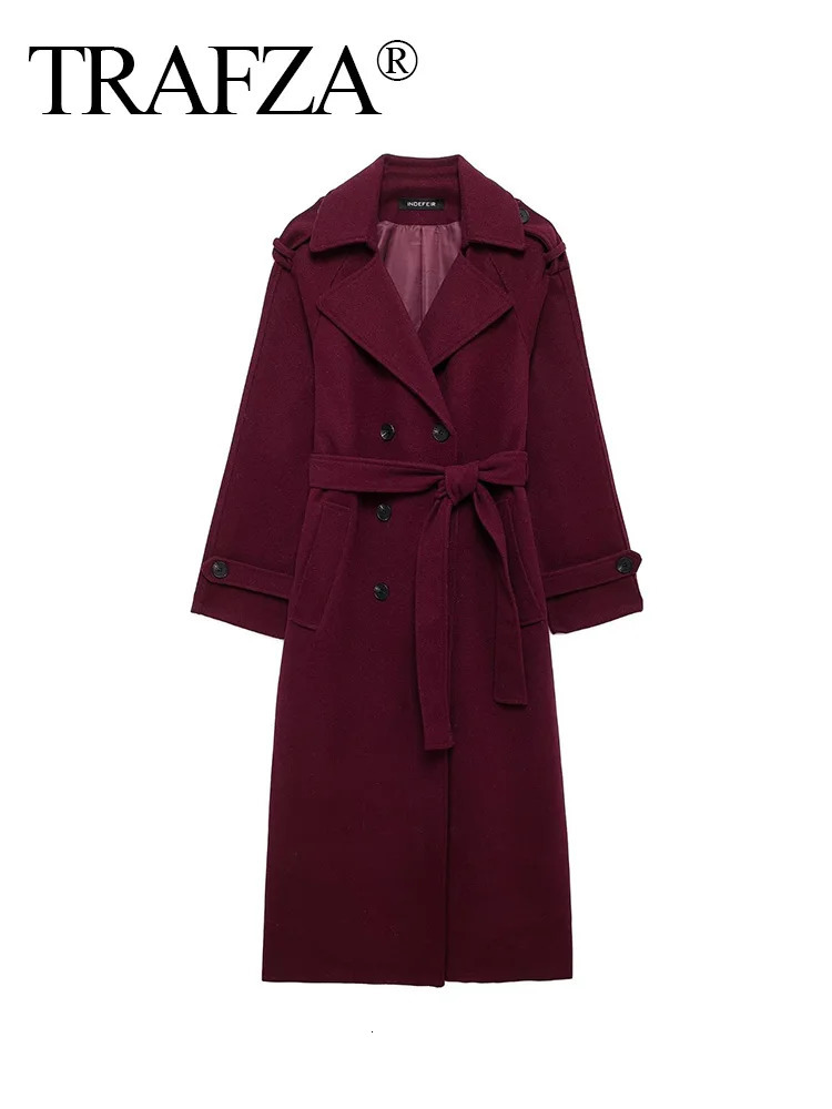 TRAFZA Women Elegant Burgundy Lapel Blend Maxi Overcoat Fashion Winter Double-Breasted Jacket with Belt Female Chic Trench Coat 241126