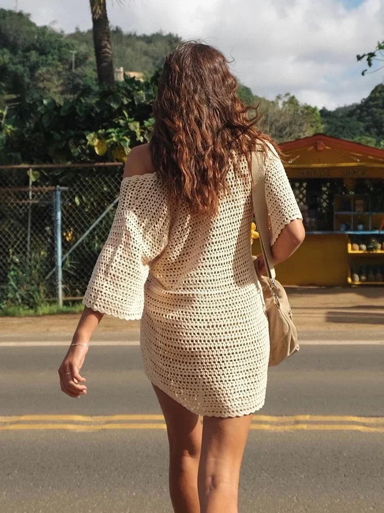 Sexy Knit V Neck Halfsleeve Hollow Out Beach Mini Dress Summer Women Tunic Swimwear Cover Up Casual Outfit K19 241112