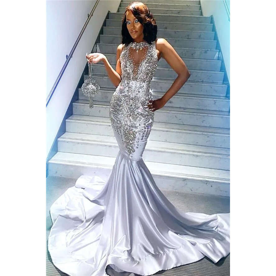 Satin Mermaid Prom Dresses for Black Girls 2024, Crystals Beaded Sheer Mesh Top Evening Gowns Bc3421