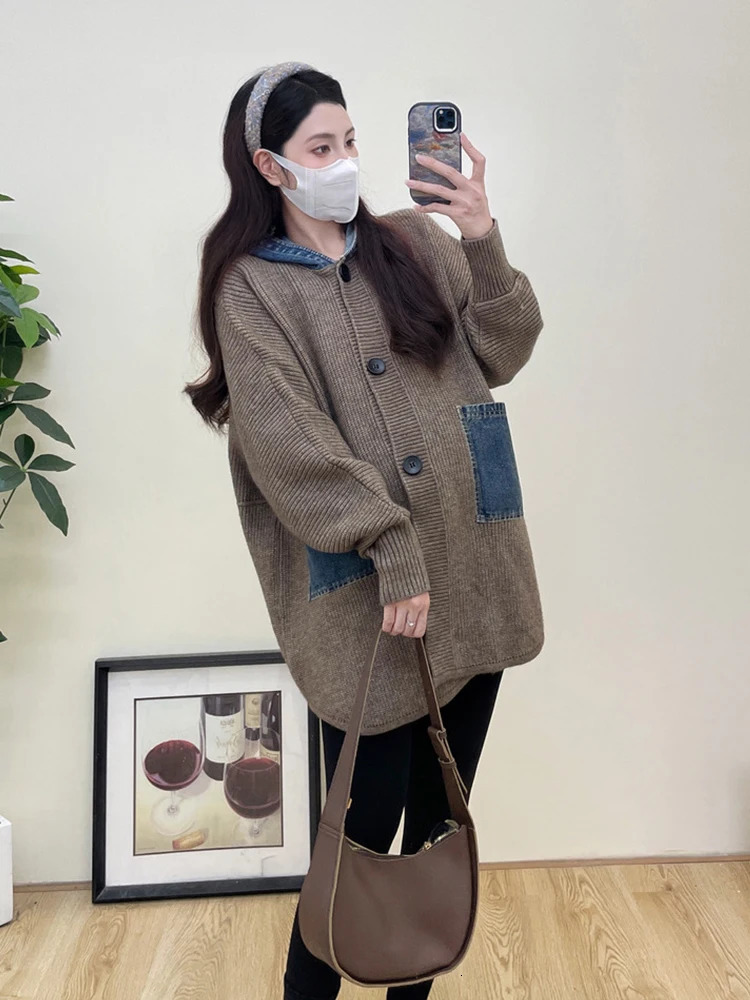 maternity coat hooded denim patch work sweater maternity loose cardigan wool sweater maternity coat fashionable autumn clothing 241126