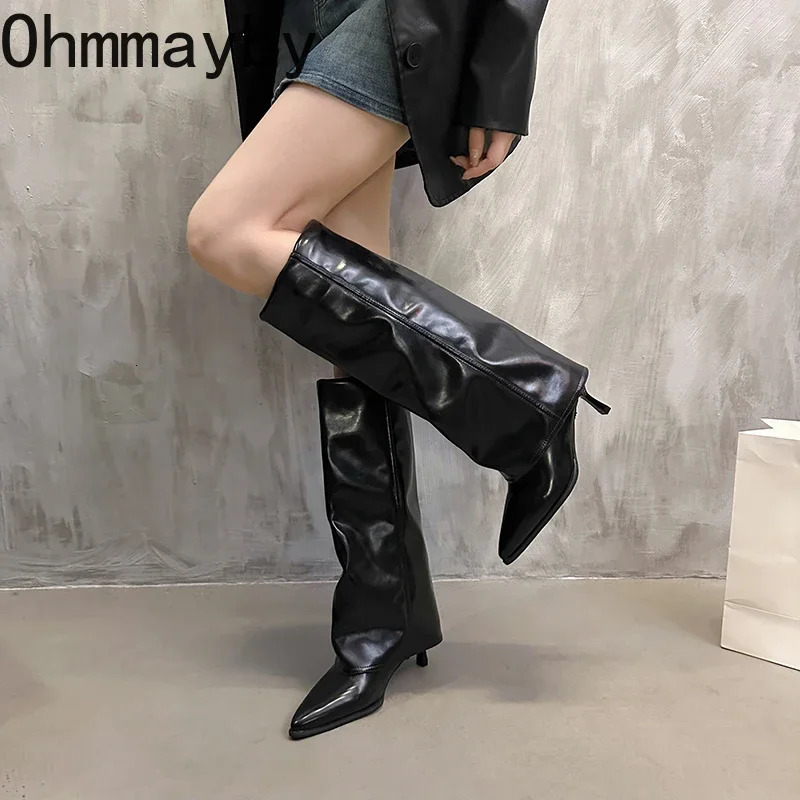 Street Style Women Knee High Boots Fashion Pointed Toe Long Booties Thin High Heels Autumn Winter Shoes 241126
