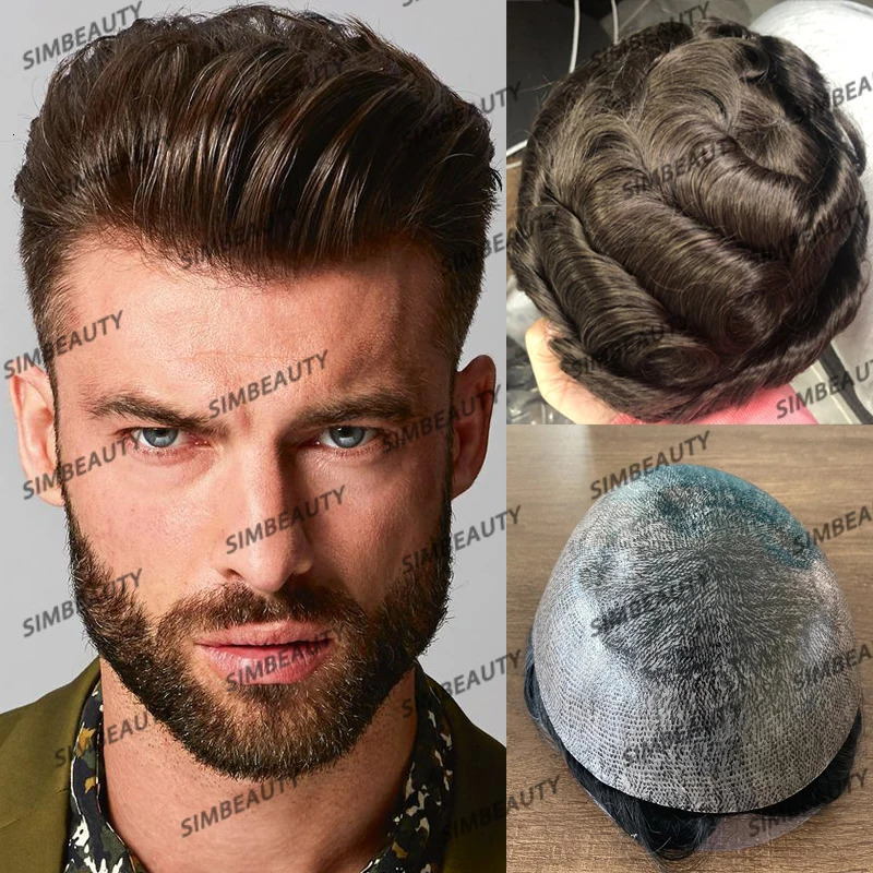 Natural Hairline Mens Toupee Durable Thin Skin Full Pu Base Male Human Hair Wigs Ash Brown Straight Man Hair System Prosthesis 241125