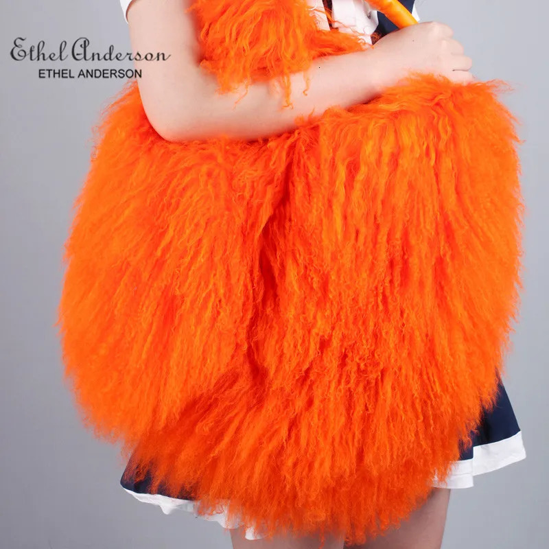 Ethel Anderson Womens Real Mongolia Fur Handbags Lamb Bag Manmade Shoulder Lady Simple Style Hand Bags 241125