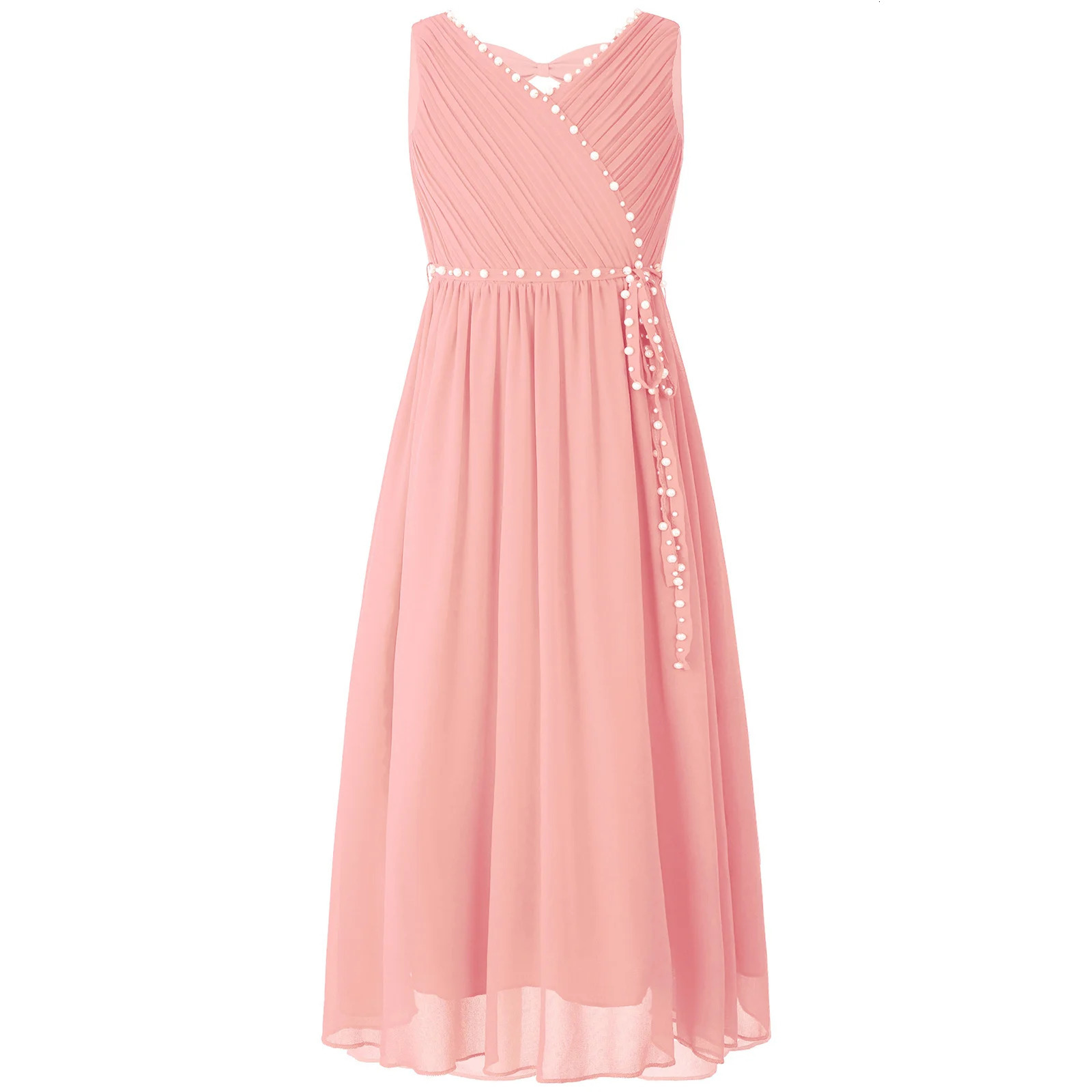 Girls Dress Festive Long Childrens Clothing Wedding with Beads Bow Flower Girl Dress Summer Princess Birthday Chiffon Dress 241126