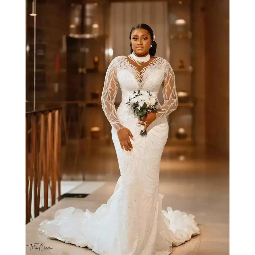 New Plus Size Arabic Aso Ebi Sheer Neck Mermaid Wedding Dress Long Sleeves Sexy Bridal Gowns Dresses 2023 Bc14230