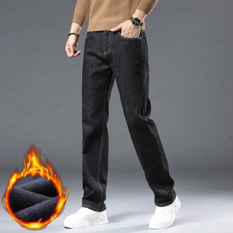 Winter Fleece Warm Thick Jeans Men Business Straight Denim Pants Plush Flocking Work Outdoors Blue Trousers Male 241126wtt