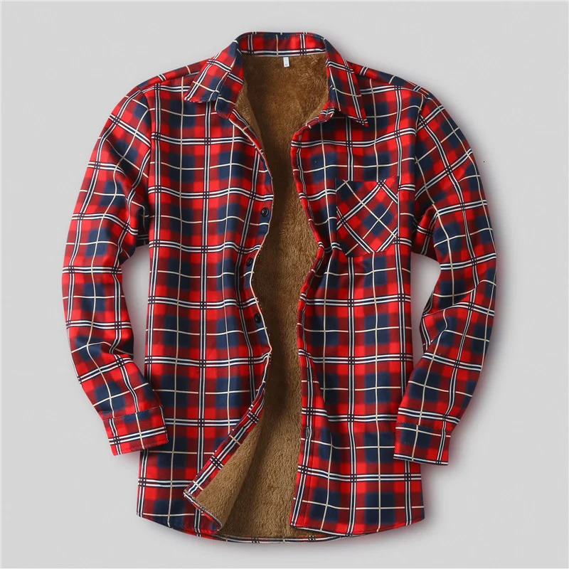 Winter mens plain flannel shirt thick wool jacket bedding lining long sleeves red checkered shirt mens Camisas De Hombre 241126