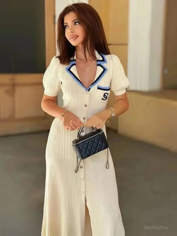 Elegant and ultra-thin knitted long dress for women in the summer of with a single chest and long sleeved . Vintage dress in white for autumn 241125