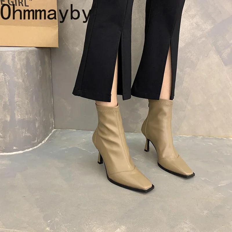 High Heel Women Stretch Slim Ankle Boots Fashion Elegant Square Toe Short Booties Autumn Winter Laides Warm Fleeces Shoes 241114