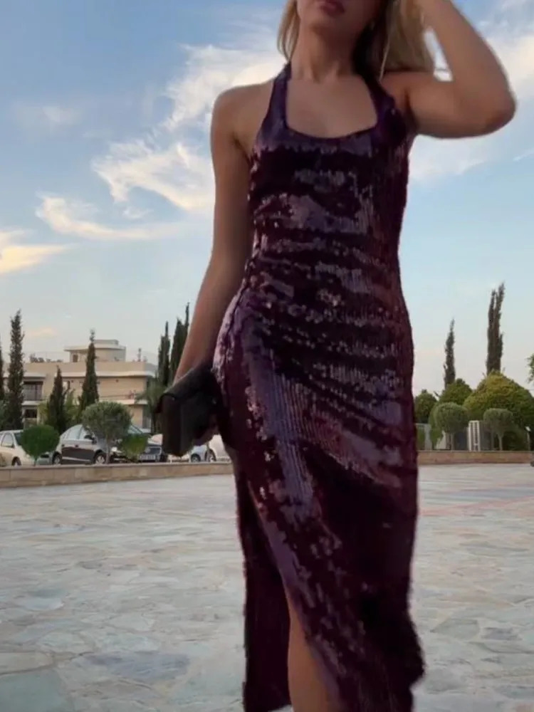 Strap sequin dress party dress sexy backless ultra-thin fit fashionable elegant hanging collar womens beach dress social evening dress 241125