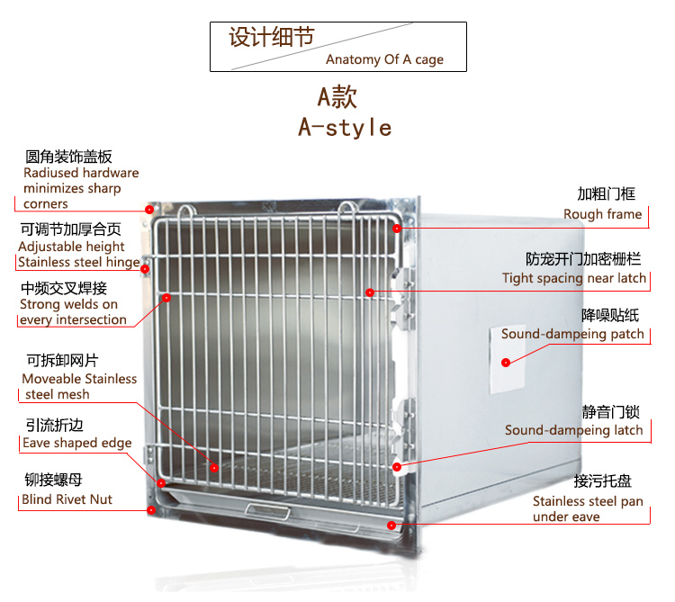 Wholesale High Quality Stainless Steel Veterinary Cage For Pet (model A) with tray and mesh