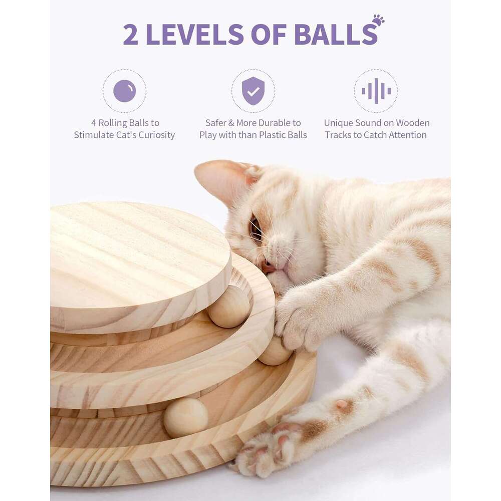Made4Pets Cat Scratching Post for Indoor Cats Wooden Ball Track Two-Layer Modern Sisal 17.7" Tall Scratch Post Interactive Toy with Dangling Ball