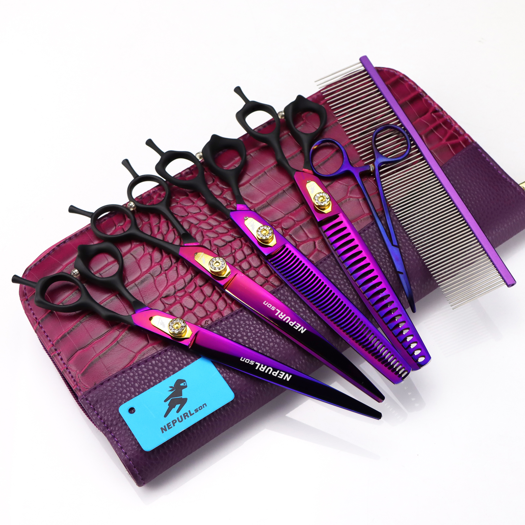 8.0 Inch NEPURLson Scissors WGB 01 Grooming Pet Fishbone Teeth 4 Scissors Set Handle Veterinary Animal color Black Straight