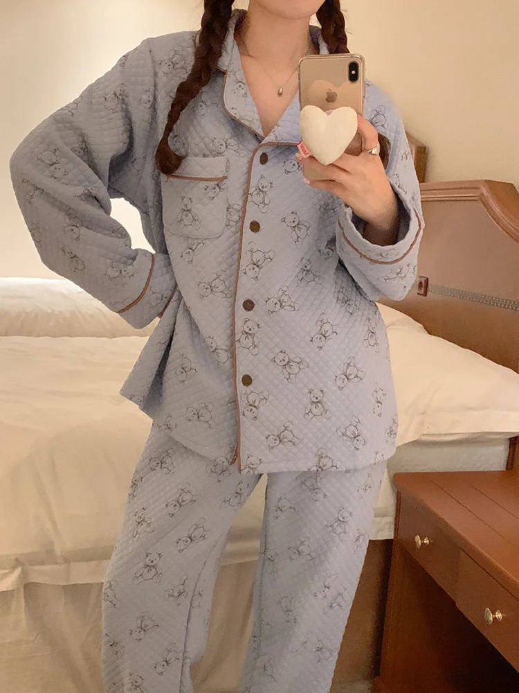 Bear print cartoon home winter thick lover long sleeved pajamas set for womens sweet Korean cotton couple Kawai casual pajamas 241125