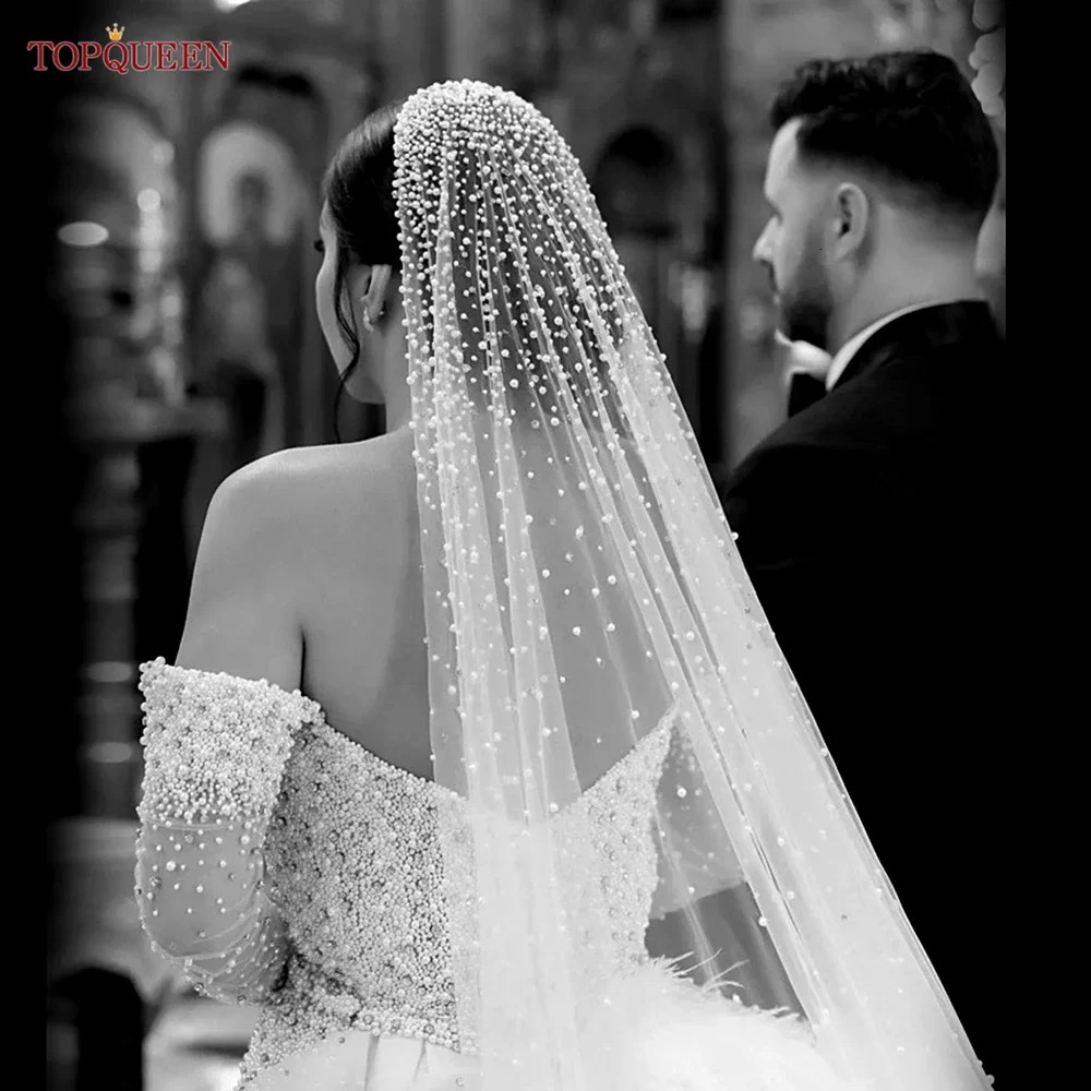 Pearl wedding veil with comb beads wedding accessories cathedral wedding veil and elegant 241126