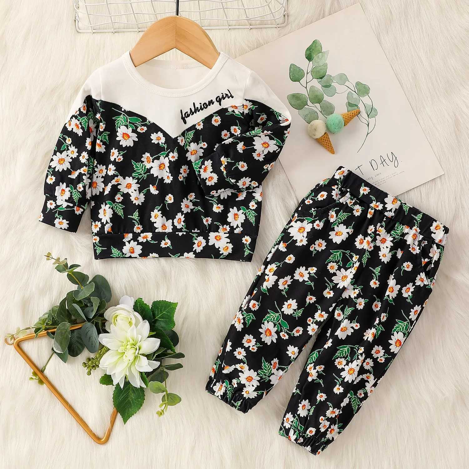 Clothing Sets 2024 New Fashion Baby girl Fall Daisy Sweatshirt +Pant With All Over Print 2Pcs Pastorale Pantsuit H241126
