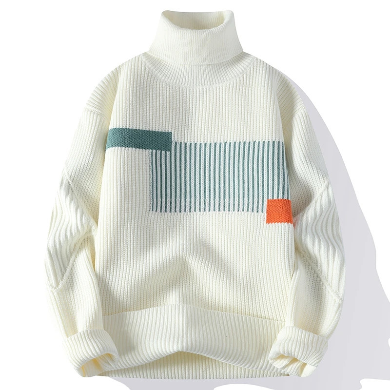 Autumn and Winter Fashion Turtle Neck Sweater Mens Patch Work Knitted Lanhua Korean Casual Sweater Loose Mens Warm Lanhua Knitted 241126