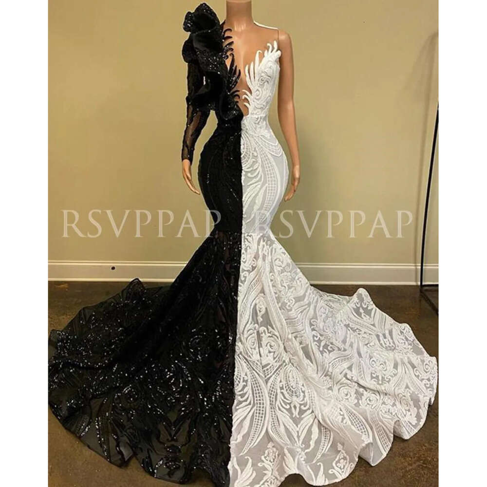 Plus White Black And Mermaid Size Prom Dress Newest Sparkly Sequins One Long Sleeve African Girl Formal Party Evening Gowns