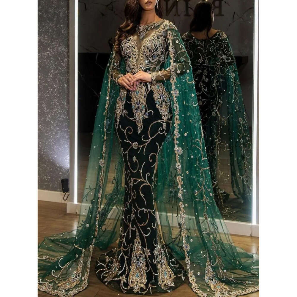 Dresses Emerald Prom Arabic Evening Mermaid Long Sleeve Sparkg Lace Bridal Modest Dress With Cap Bc 6660306