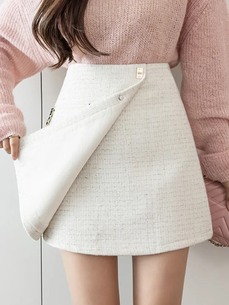 HMA Fashion Small Fragrant Style Woolen Skirt Autumn Winter High Waist A-Line Tweed Shorts Skirt 241125