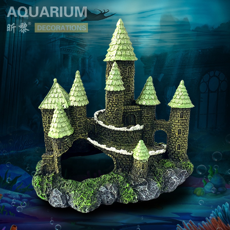 Realistic design aquarium resin purple waterfall castle ornament decoration for fish tank