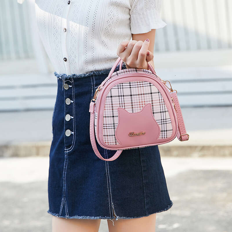 Ladies' 2024 new style plaid contrasting cat face letter label handbag shoulder casual phone gift bag