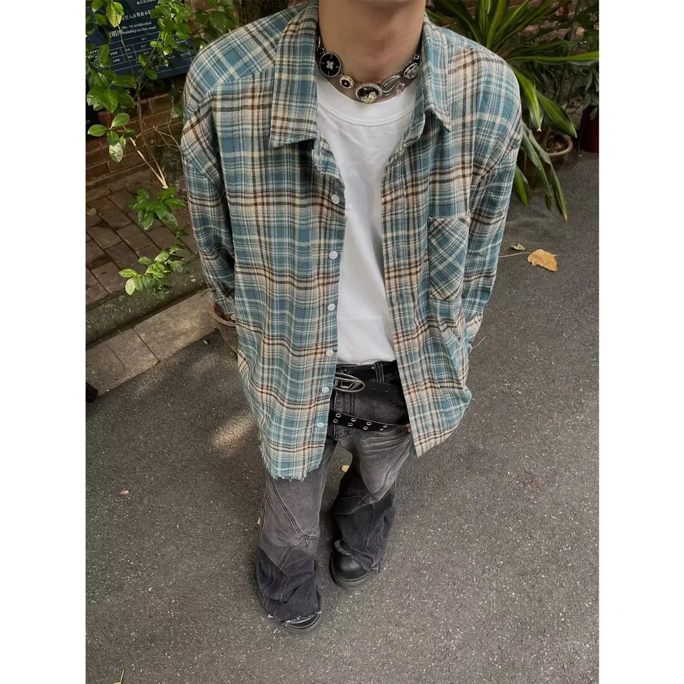 Retro blue checkered shirt with loose fit and casual American style mens and womens fashionable jacket for spring and autumn 241126