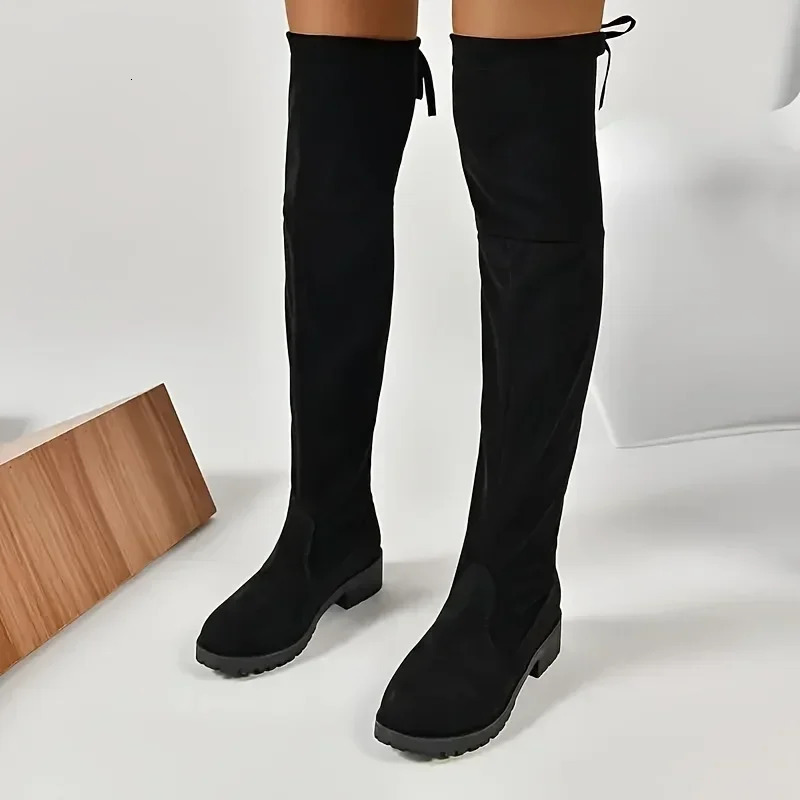 Faux Suede Female Heels Autumn Zipper Elastic Knee-high Boots for Women Tube Lace-up Thigh Gigh Boots Black Botas Mujer 241114