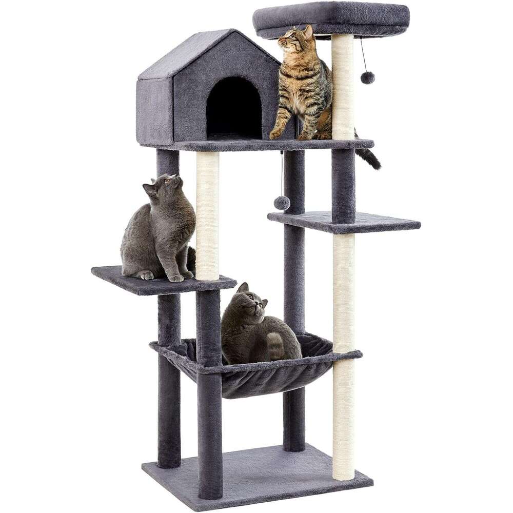 Made4Pets 60 inch Cat Tower for Indoor Cats, Multi-Level Cat Tree with Plush Hammock, Cozy Cat House, Scratching Posts, Top Perch, and 2 Hanging Balls