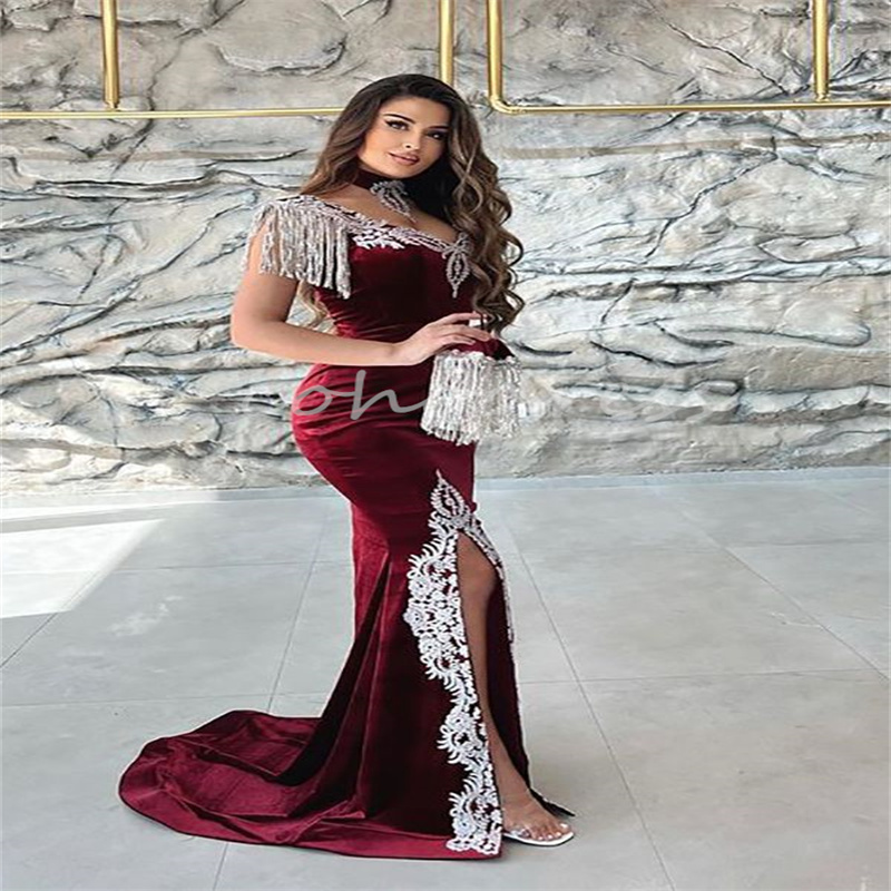 Charming Caftan Moroccan Evening Dress With Detachable Train Mermaid Velvet Burgundy Prom Dress Slit Arabic Israel Lace Party vestido de gala noche mu