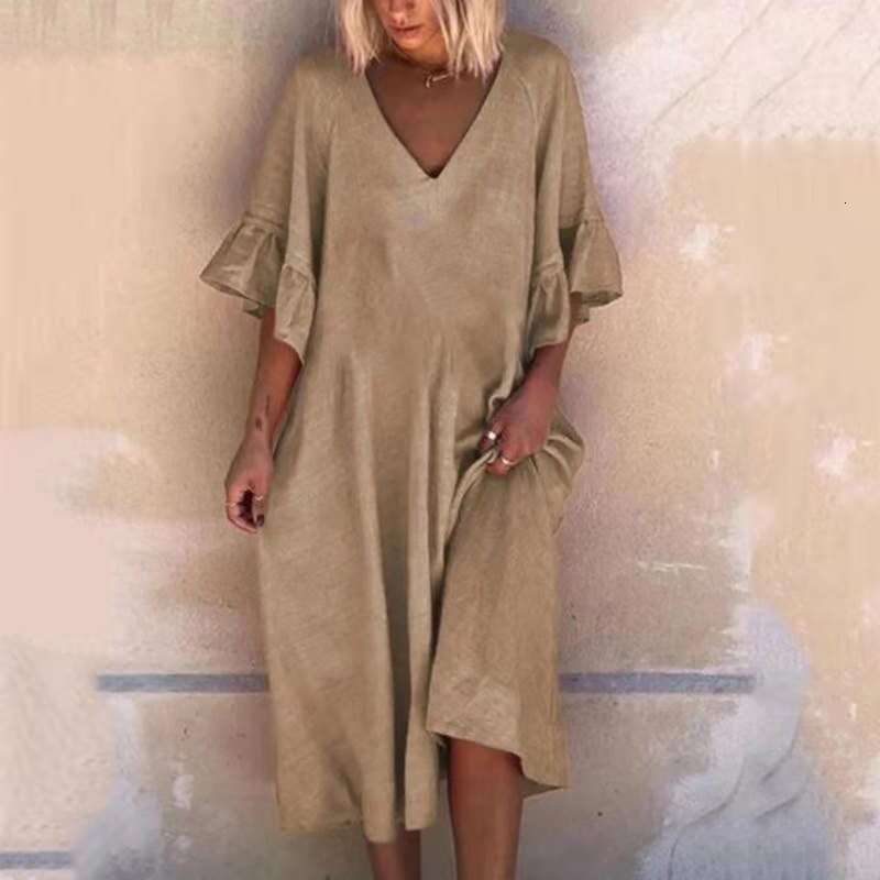 New European And American Solid Color Sexy V-Neck Patchwork Loose Dress B2