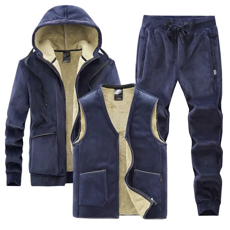 Mens Winter Velvet Thick Track Set Mens Cashmere HoodieTank TopPants 3-Piece Set Mens Warm Casual Cashmere Set 241126