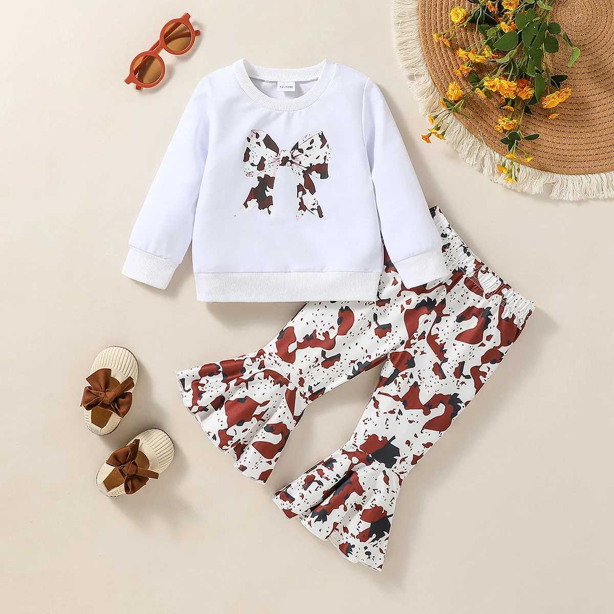 Clothing Sets Baby girl White antumn casual chic bow printing two pieces with Long sleeves and Pantsuit For 6M-3Y Clothing H241126