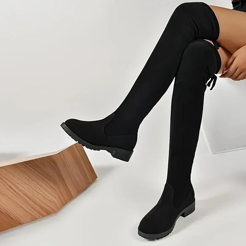 Faux Suede Female Heels Autumn Zipper Elastic Knee-high Boots for Women Tube Lace-up Thigh Gigh Boots Black Botas Mujer 241114