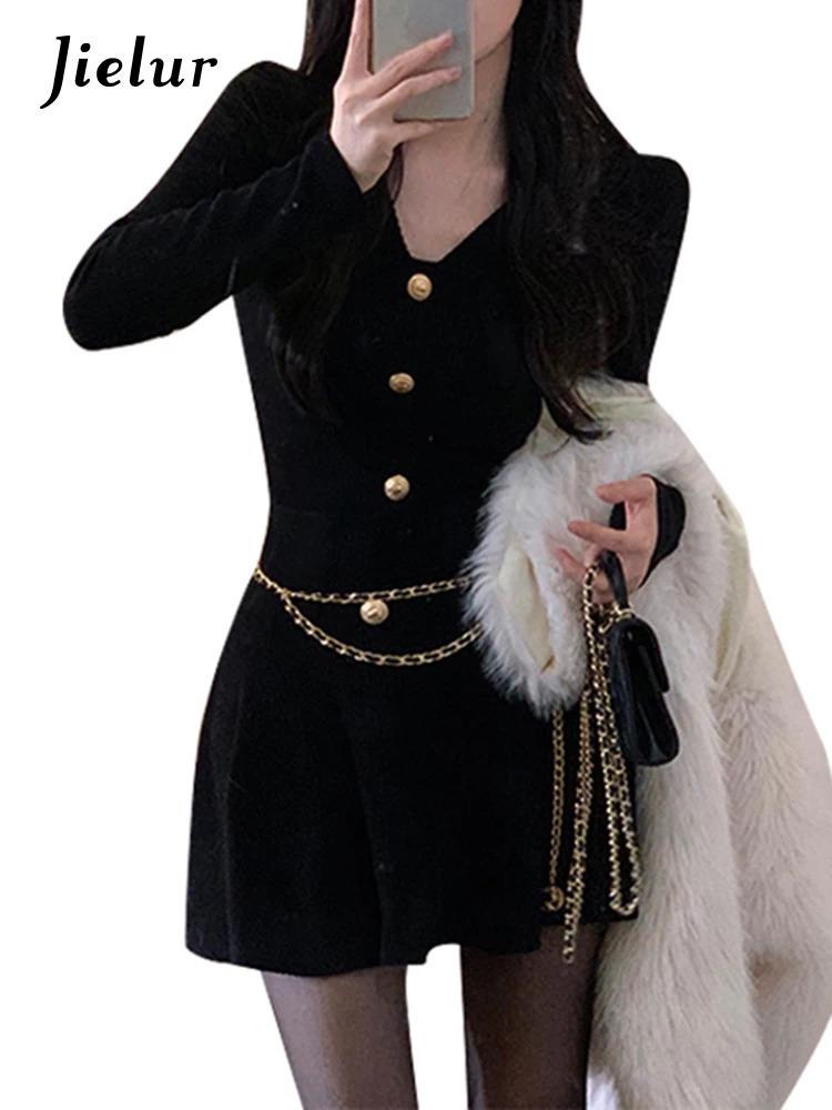 Jielur Sexy Black Knitting Female Mini Dress Chic Chain Buttons Slim Vneck Fashion Womens Dresses Solid Color Winter 241112