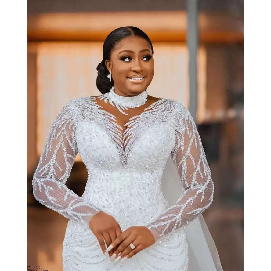 New Plus Size Arabic Aso Ebi Sheer Neck Mermaid Wedding Dress Long Sleeves Sexy Bridal Gowns Dresses 2023 Bc14230