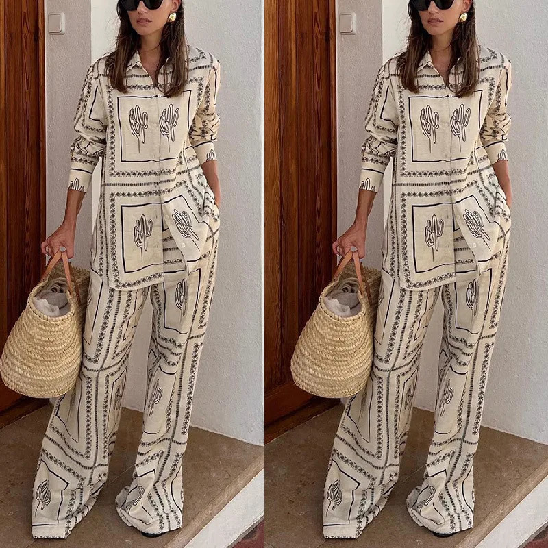 Printed Shirts Two Piece Set Women Long Sleeve Lapel Shirts High Waist Wide Leg Pants Suit For Women Home Wear Outfits Clothing 240415