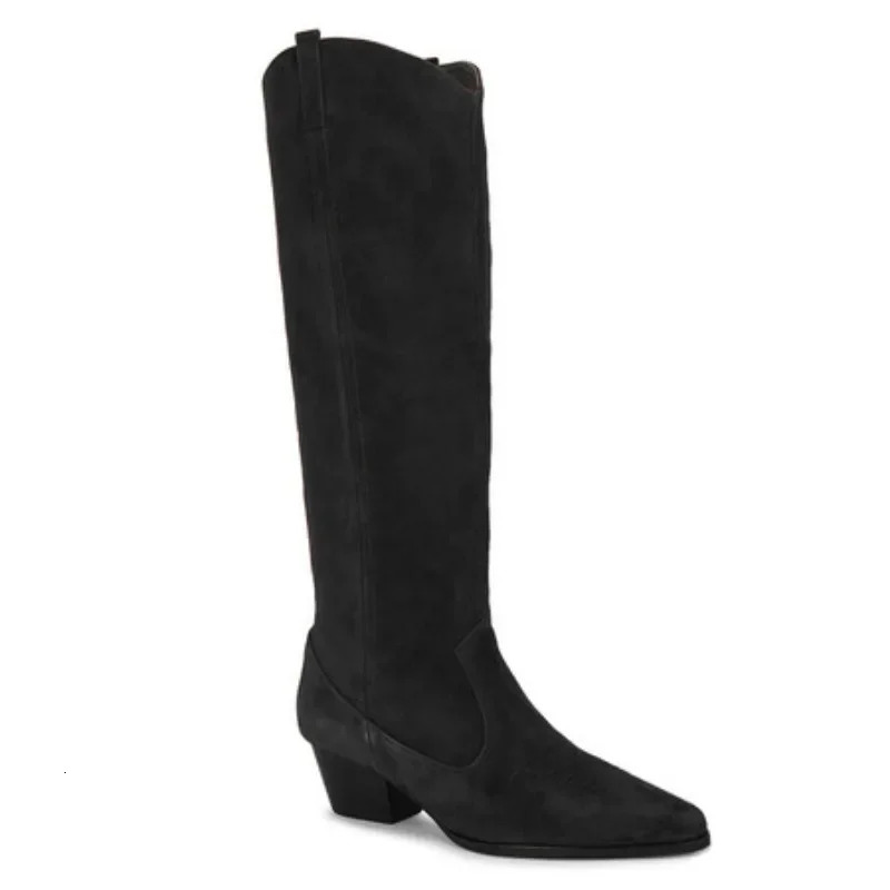European and American style womens suede Western style cowboy boots corner splicing sleeves thick high heels knee high boots 241126
