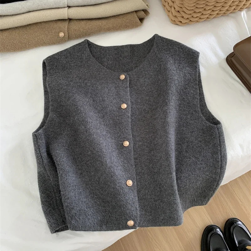 Autumn Knitted Cardigan Women Korean Elegant Sleeveless Sweater Tanks Casual Fashiona Slim Female Tops Gray Vest 241121