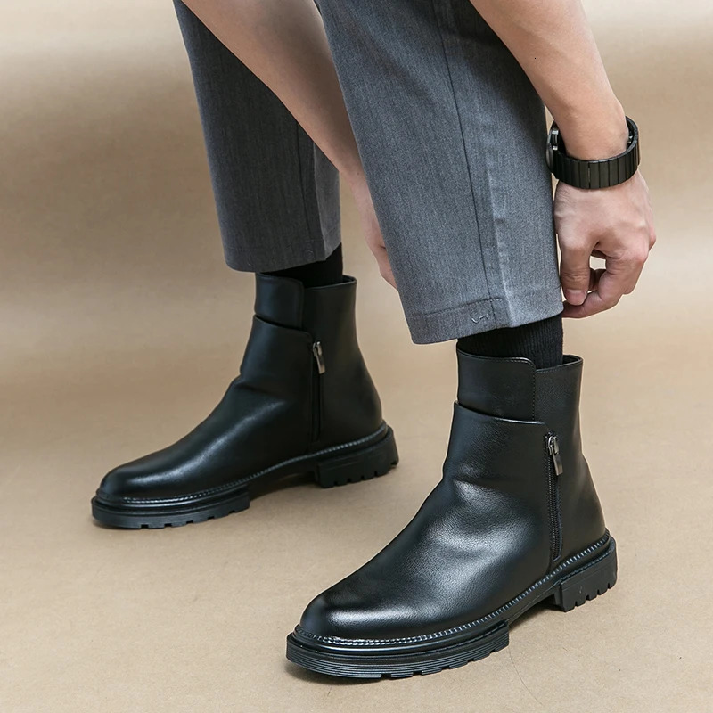 WAERTA Mens Leather Chelsea Boots Fashion High-top Zip Shoes Spring Autumn Comfortable Ankle Boots for Men quality 241114