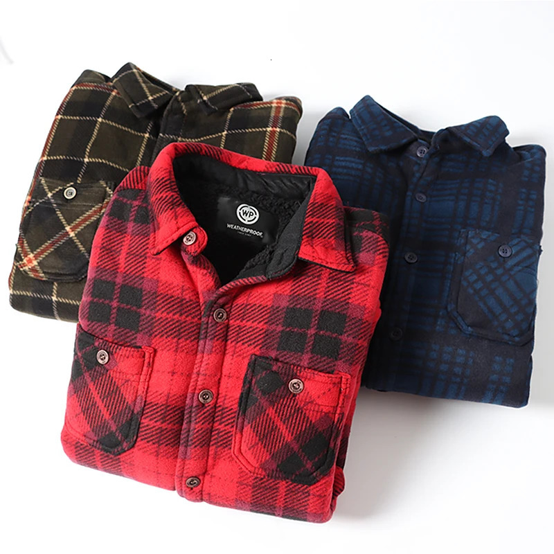 Mens long sleeved Sherpa lined shirt jacket wool plain flannel shirt casual autumn thick warm shirt US size 241126