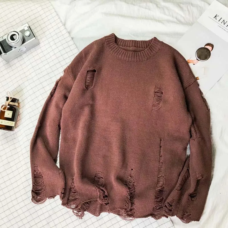 Lazy Streetwear mens style O-neck knitted cardigan sweater retro couple loose pull mens knitted hole sweater E91 241126