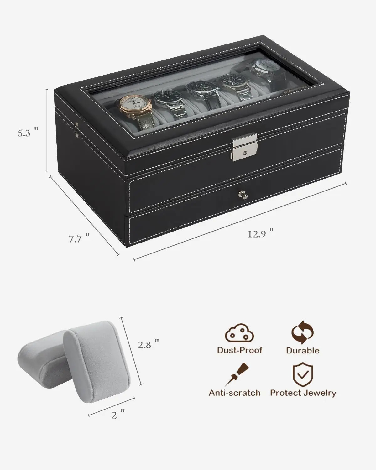 12 Slot PU Leather Lockable Watch Storage Boxes Men Womens Jewelry Display Drawer Case 2tier Organizer Showcase 240415