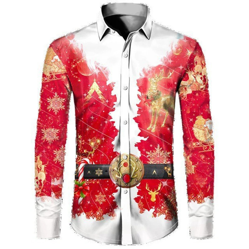 Santa Claus Mens Graphic Shirt Casual Retro 3D Printed Long Sleeve Holiday Party Clothing Y2k Top 241126