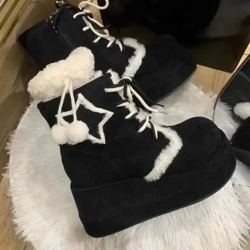 Shoes for Women High Quality Lace Up Womens Boots Winter Round Toe Plush Fleece for Warmth Middle Barrel Fashion Boots 241114