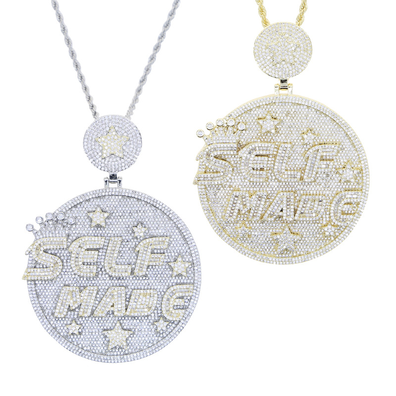 Hip Hop Large Round Plate SELFMANG Letters Pendant Mens Jewelry Full 5A Zircon Rap Jewelry