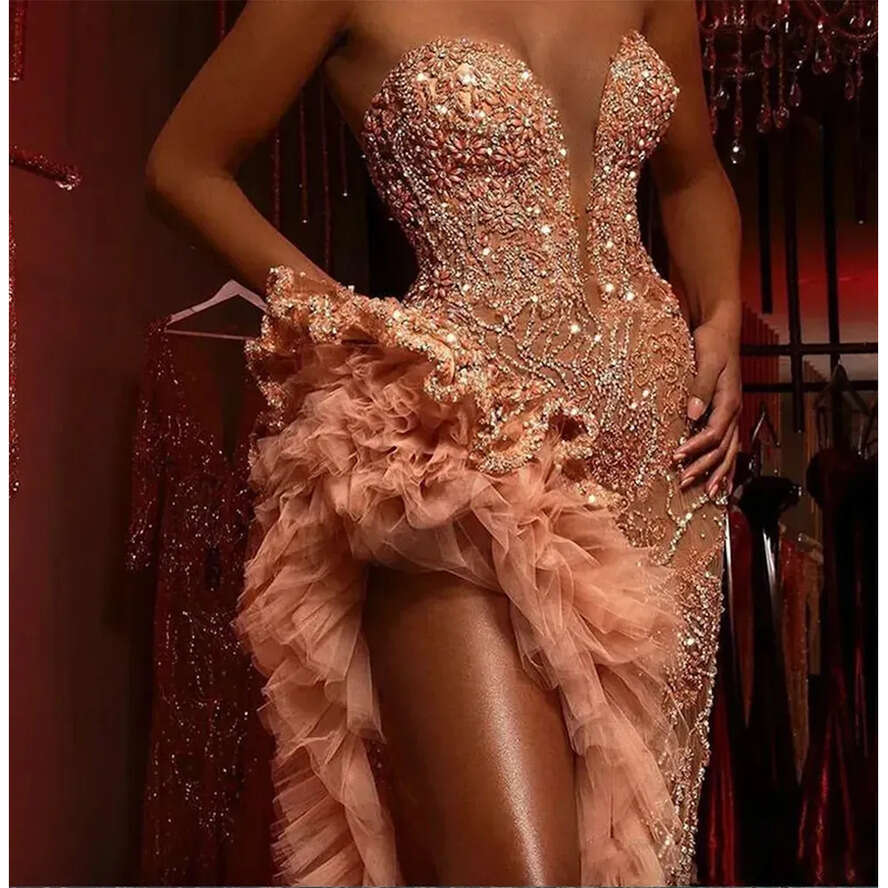Sweetheart Mermaid Prom Dress 2024 Sparkly Beaded Ruffles High Slit Arabic Evening Gowns Vestidos De On Formales