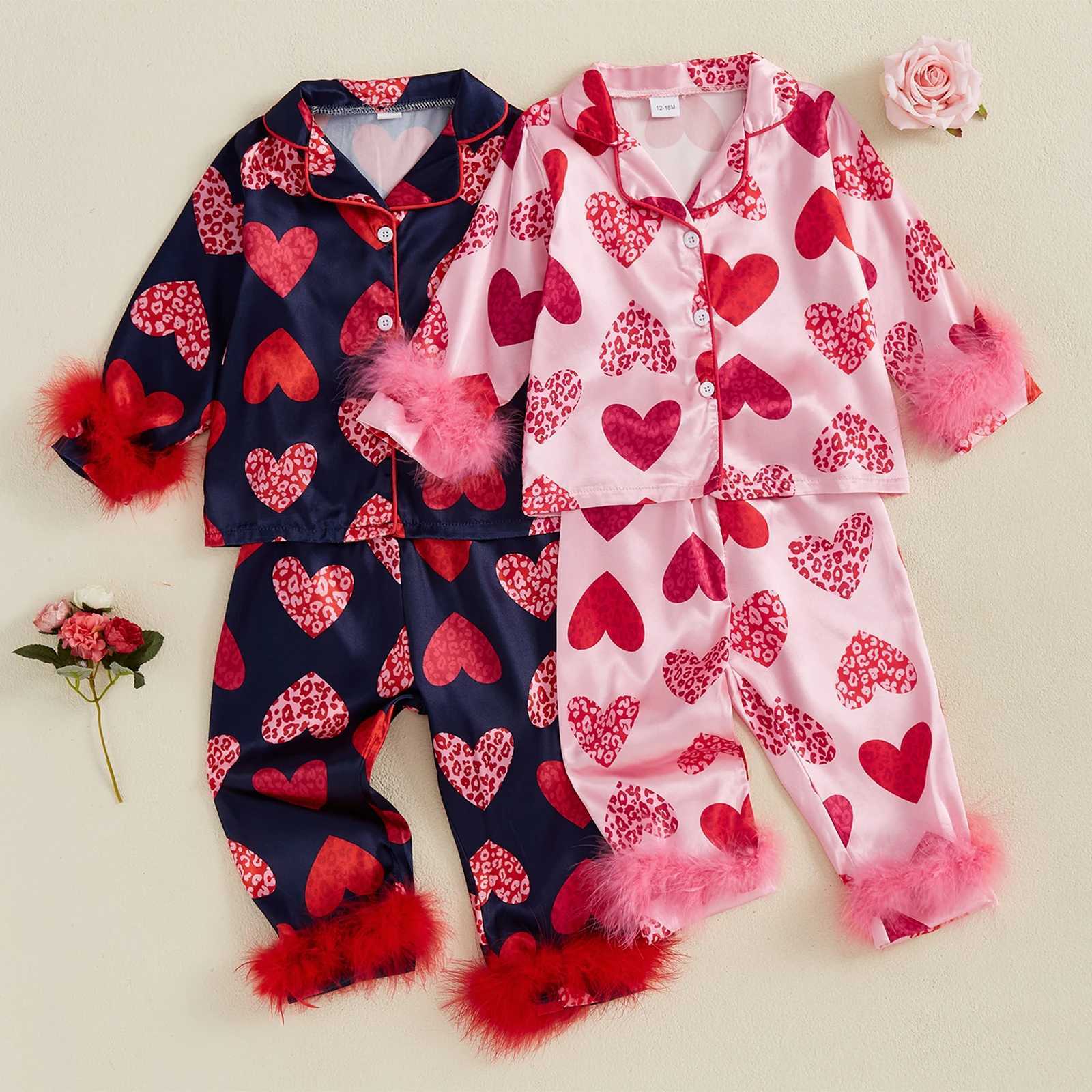Clothing Sets Kids Baby Girls 2PCS Pajama Sets Valentines Day Sleepwear Feathers Trim Long Sleeve Shirt Pants Heart Print Loungewear Outfits H241126