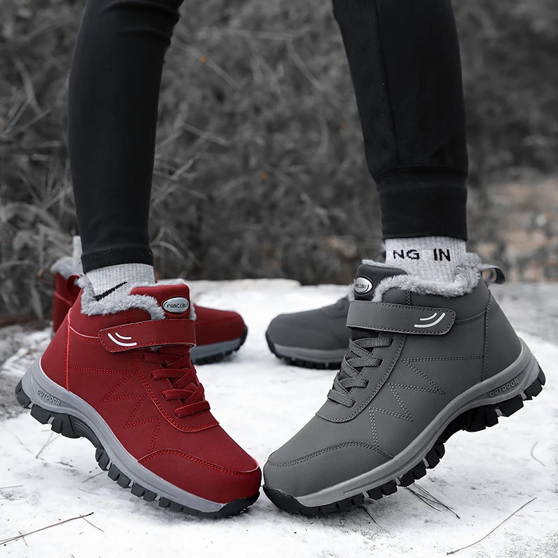 Winter womens plush Pu leather waterproof sports shoes climbing and hunting shoes unisex lace up outdoor warm hiking boots 241126